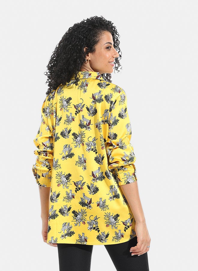 Andora Tiger Shaped Self Patteren Satin Long Sleeves Turned Down Collar Shirt _ Yellow - Image 4