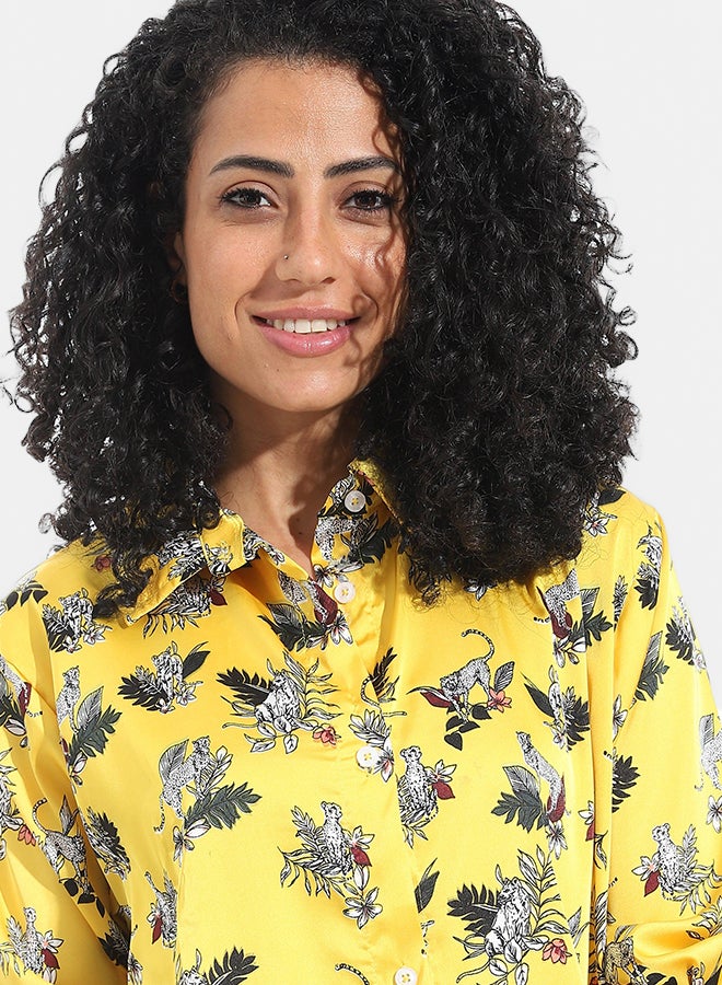 Andora Tiger Shaped Self Patteren Satin Long Sleeves Turned Down Collar Shirt _ Yellow - Image 3