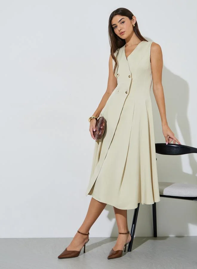 Beige Solid Double Breast Sleeveless Blazer Midi Dress