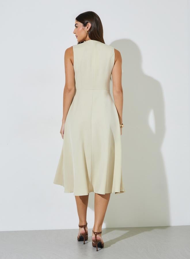 Styli Beige Solid Double Breast Sleeveless Blazer Midi Dress - Image 5
