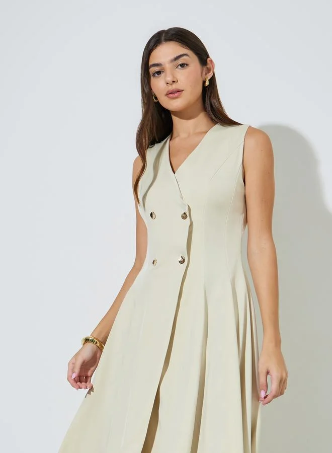 Styli Beige Solid Double Breast Sleeveless Blazer Midi Dress