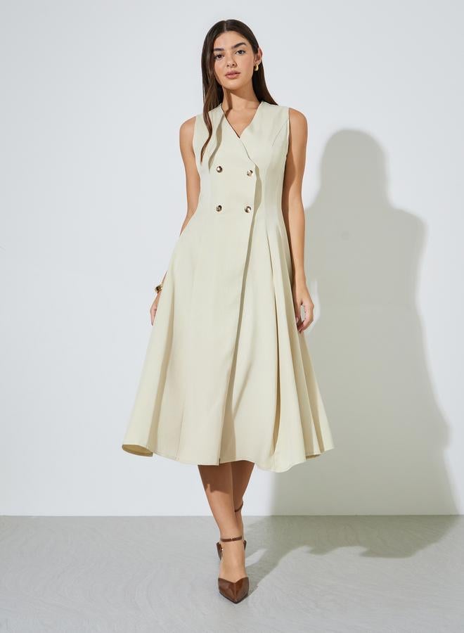 Styli Beige Solid Double Breast Sleeveless Blazer Midi Dress - Image 3