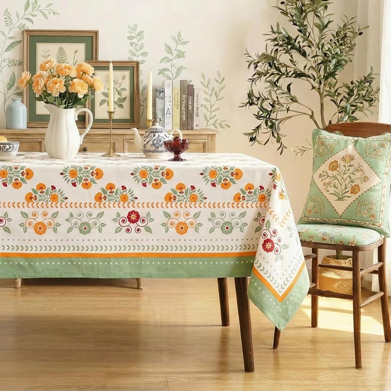 RUSTIQUE LINENS Block Print Design Cotton Table Cloth 6 Seater – Dining Table Cover Cloth, Washable Table Cloth for Dining Table – 150 x 234 CM (Fits 6–8 Seater) - Emerald Bloom - Image 1