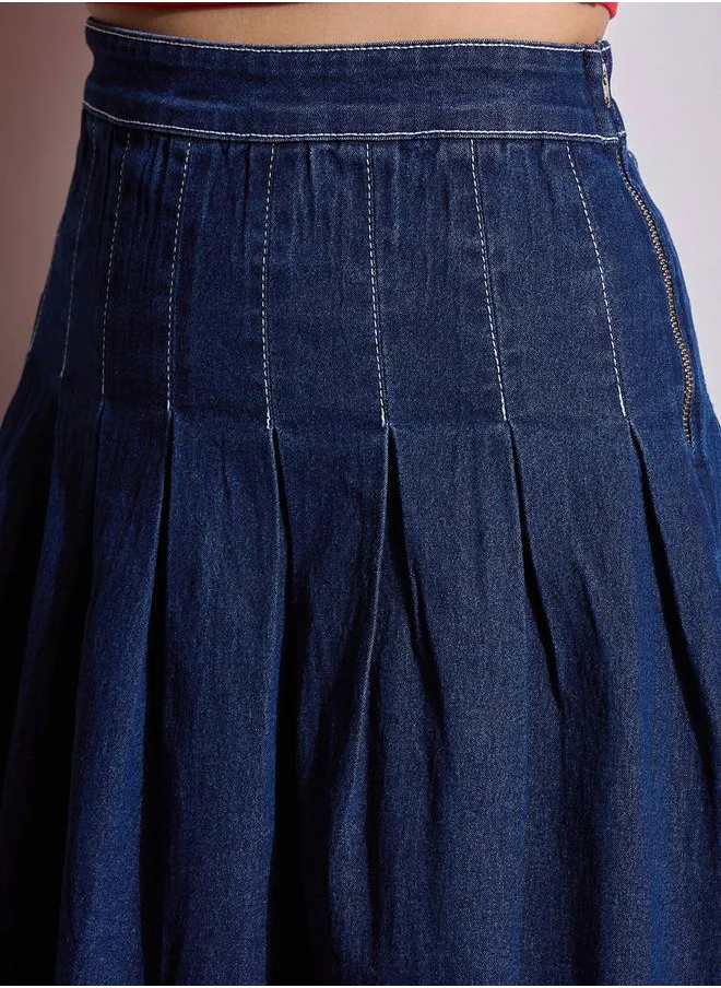SASSAFRAS Washed Denim Pleated A-Line Mini Skirt by Styli