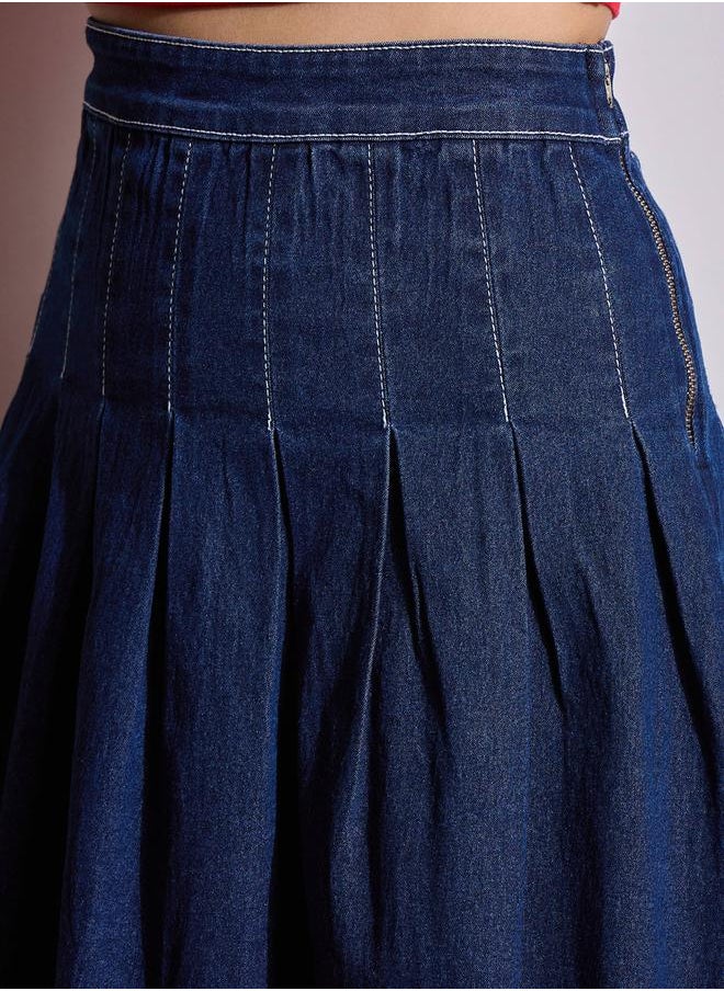 SASSAFRAS - Washed Denim Pleated A-Line Mini Skirt by Styli - Image 1