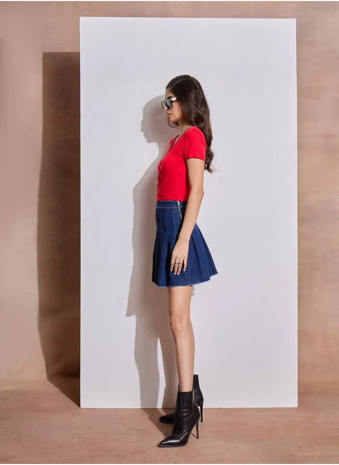 SASSAFRAS Washed Denim Pleated A-Line Mini Skirt by Styli