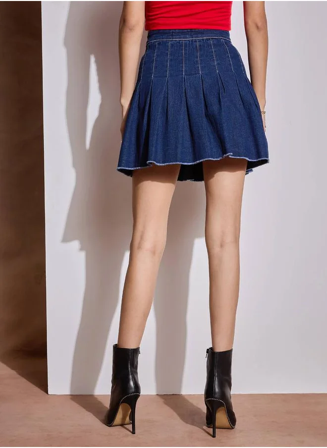 SASSAFRAS Washed Denim Pleated A-Line Mini Skirt by Styli