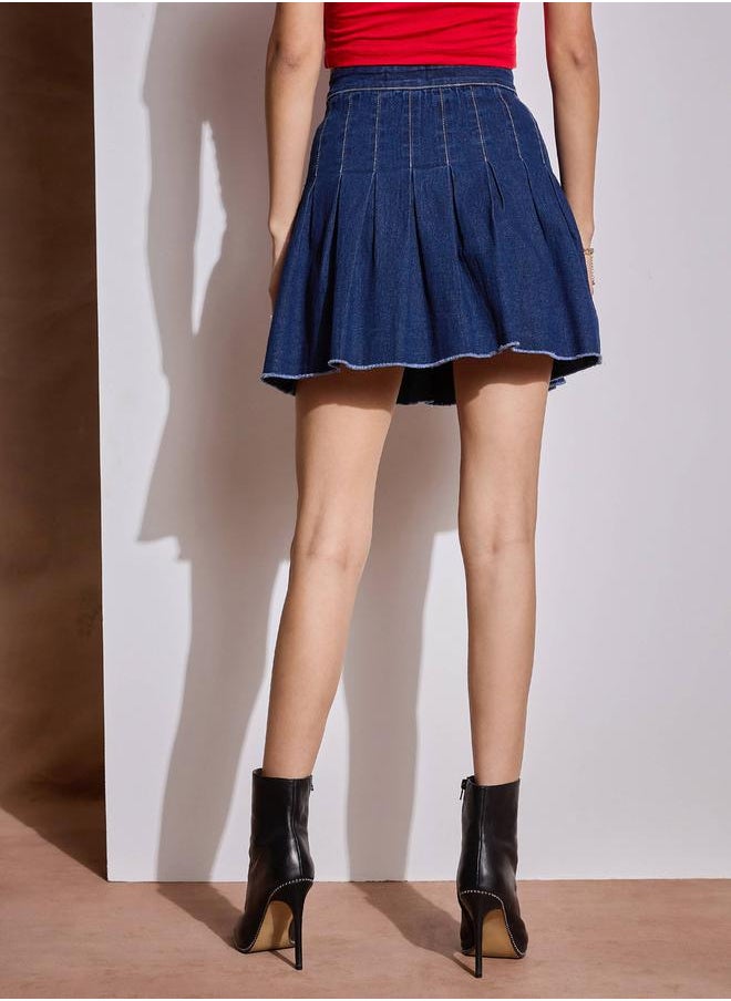 SASSAFRAS - Washed Denim Pleated A-Line Mini Skirt by Styli - Image 1