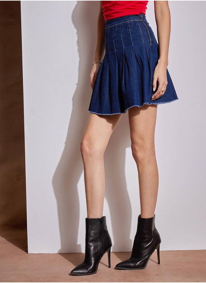 SASSAFRAS - Washed Denim Pleated A-Line Mini Skirt by Styli - Image 1