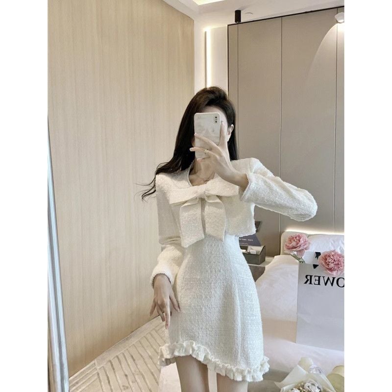 Korean Style Sweettweed High-End Elegant Bow Small Jacket Irregular Ruffle Edge Tank Dress 2-Piece Set From China Mainland Jacket + suspender skirt 