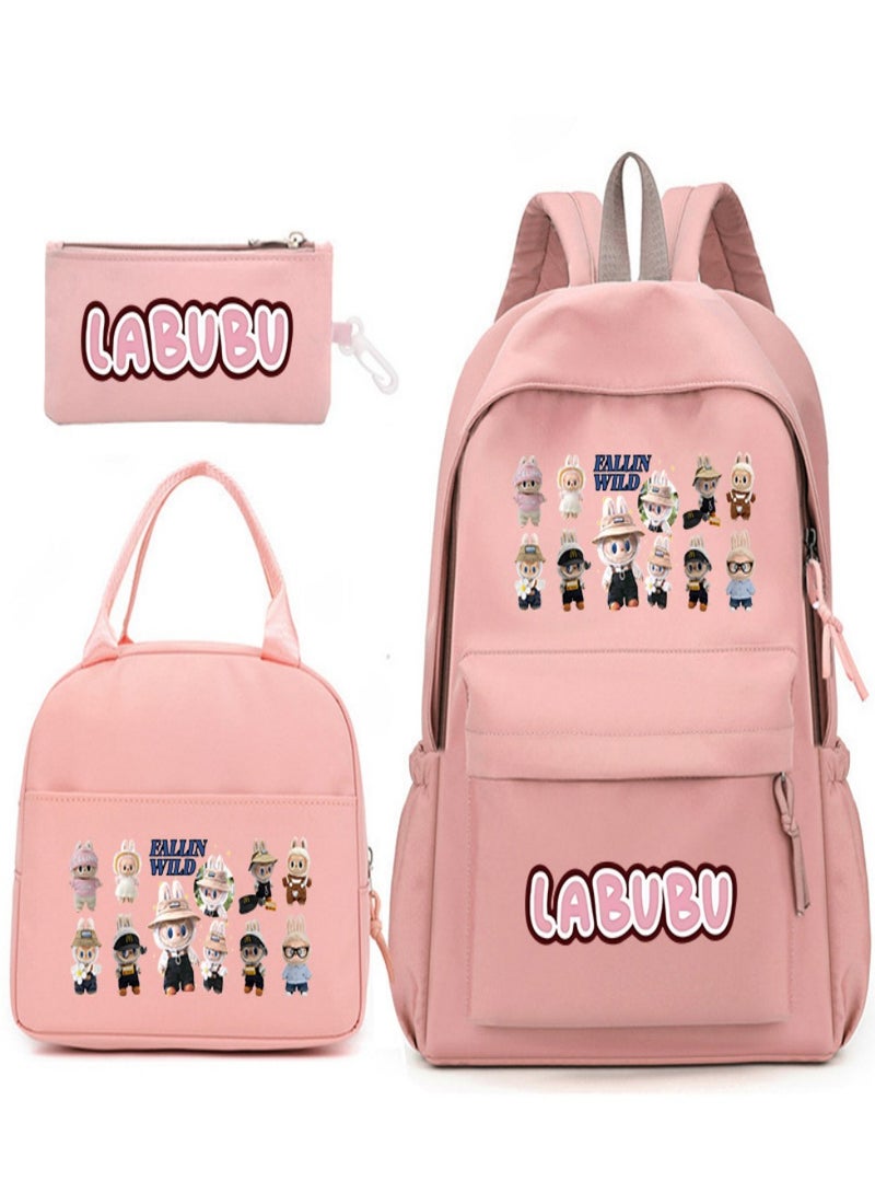Labubu Children Backpack Schoolbag Teen Student School Book bag with Lunch Box Pen Case 3 in 1 for Kids