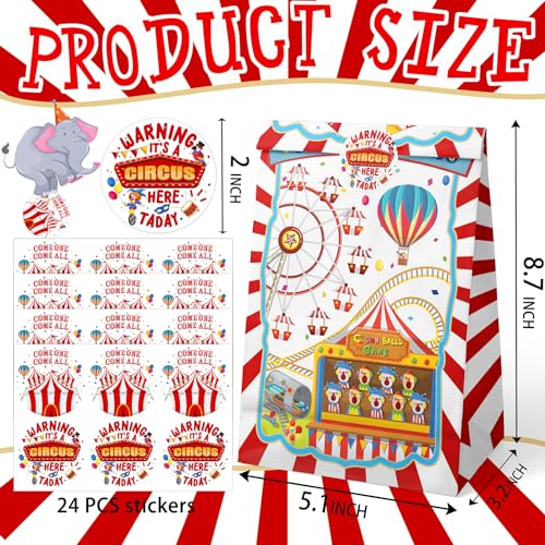 HaPiBiDesign Circus Party Favor Bags - 24 Pcs Carnival Party Candy Bags with Stickers - Carnival Goodie Gift Treat Bags - Watercolor Circus Themed Birthday Party Supplies - Image 3