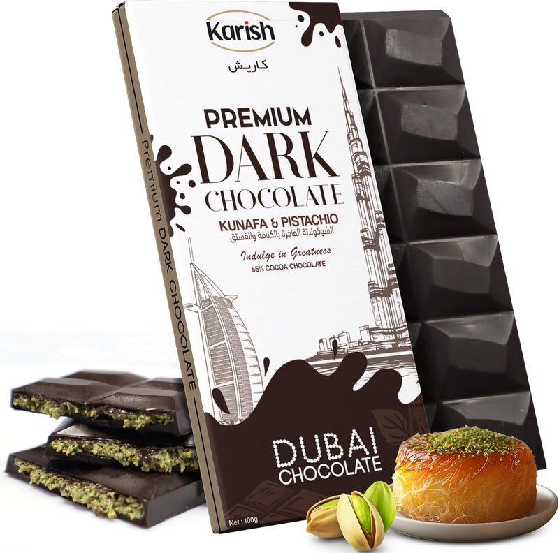 Karish Pistachio Kunafe Dark Chocolate Bar 100g – Rich Cocoa & Nutty Gourmet Treat, Low-Sugar Delight - Image 1