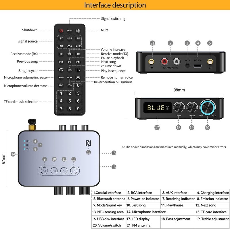 Tobo Bluetooth 5.1 Audio Receiver Transmitter 3.5mm Aux RCA Bass Treble Wireless Music Adapter U Disk/TF Card FM Radio Player DAC Converter with IR Remote Control(TD-1095WA) - Image 4
