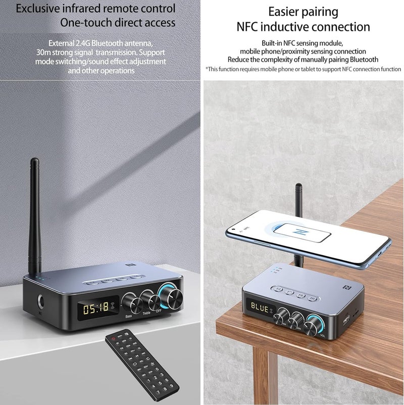 Tobo Bluetooth 5.1 Audio Receiver Transmitter 3.5mm Aux RCA Bass Treble Wireless Music Adapter U Disk/TF Card FM Radio Player DAC Converter with IR Remote Control(TD-1095WA) - Image 5