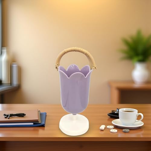 Qintreesify Pen Holder for Desk, Plastic Tulip Pen Holder Girl Small Makeup Box Cute Stationery Organizer Pencil Stand Case Pencil Cups Desktop Decoration Pencil Holders Office and School Supplies (Purple) - Image 3