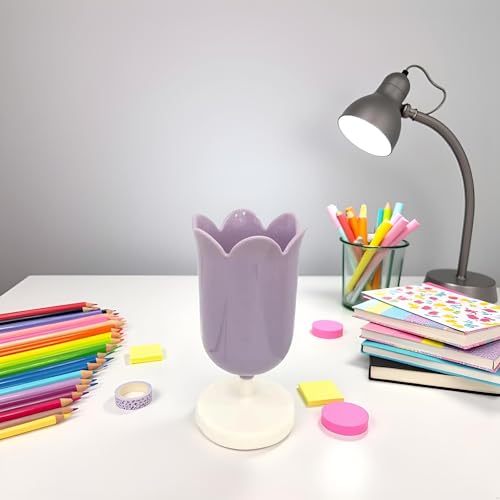 Qintreesify Pen Holder for Desk, Plastic Tulip Pen Holder Girl Small Makeup Box Cute Stationery Organizer Pencil Stand Case Pencil Cups Desktop Decoration Pencil Holders Office and School Supplies (Purple) - Image 2