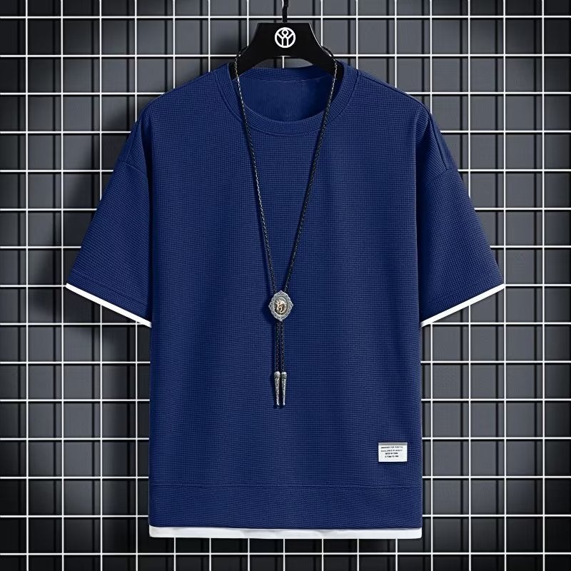 Summer waffle T-shirt mens fake two-piece loose half-sleeve T-shirt ice silk thin round neck short-sleeve T-shirt jacket thin H2103 navy blue 