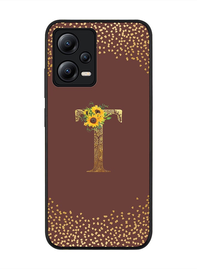 Stylizedd Rugged Black edge case for Poco X5 / Redmi Note 12 5G Slim fit Soft Case Flexible Rubber Edges Anti Drop TPU Gel Thin Cover - Custom Monogram Initial Floral Pattern Alphabet - T - Brown - Image 1