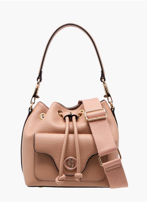 Women's Textured Bucket Bag with Drawstring Closure and Adjustable Strap