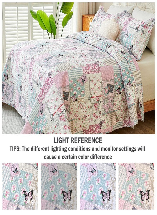 Cmfshape Romantic Patchwork Quilt Set Queen Size,Reversible Bedspread Coverlet 3-Piece,Butterfly Bed Cover Set with Pillow Shams,Lightweight Microfiber Bedding Set for All Season (Pink,90x90) - Image 5