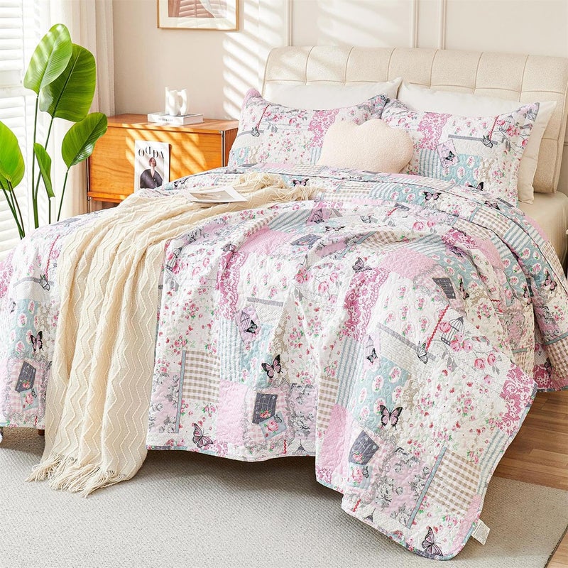 Cmfshape Romantic Patchwork Quilt Set Queen Size,Reversible Bedspread Coverlet 3-Piece,Butterfly Bed Cover Set with Pillow Shams,Lightweight Microfiber Bedding Set for All Season (Pink,90x90) - Image 1