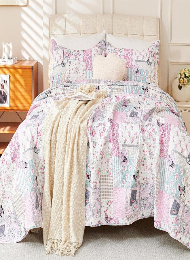 Cmfshape Romantic Patchwork Quilt Set Queen Size,Reversible Bedspread Coverlet 3-Piece,Butterfly Bed Cover Set with Pillow Shams,Lightweight Microfiber Bedding Set for All Season (Pink,90x90) - Image 2