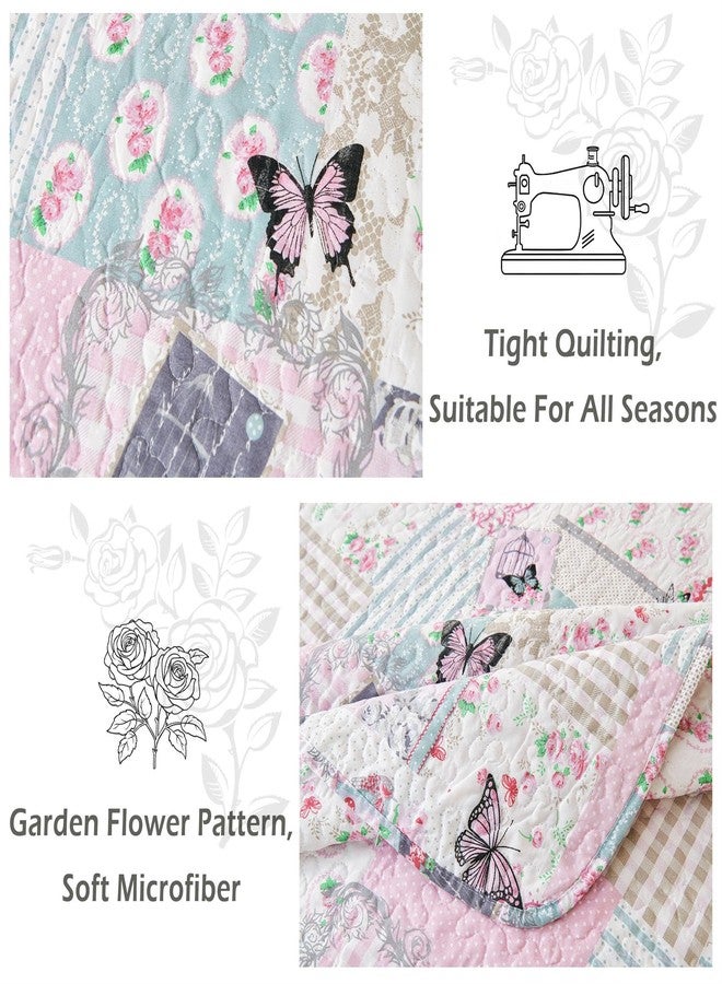 Cmfshape Romantic Patchwork Quilt Set Queen Size,Reversible Bedspread Coverlet 3-Piece,Butterfly Bed Cover Set with Pillow Shams,Lightweight Microfiber Bedding Set for All Season (Pink,90x90) - Image 4