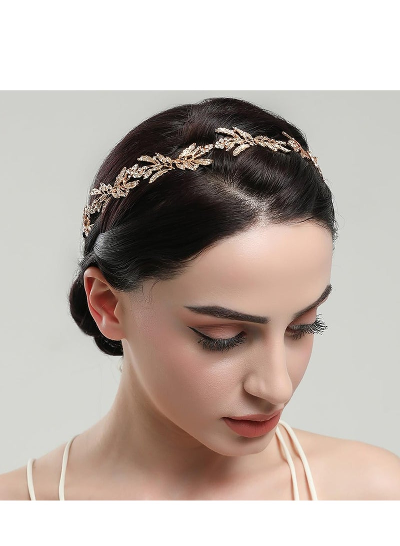 أوزيغالور طوق رأس زفاف بأوراق ذهبية، طوق شعر زفاف بأحجار الراين للعرائس والزهور - Image 1