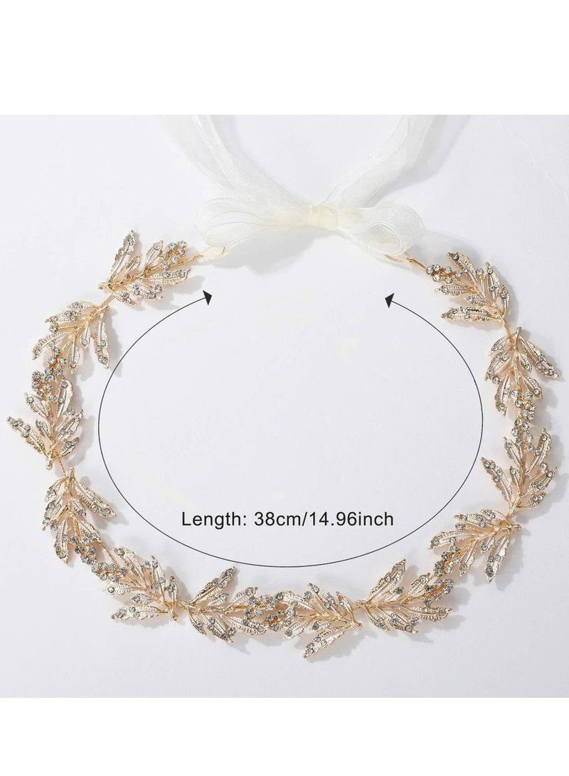 أوزيغالور طوق رأس زفاف بأوراق ذهبية، طوق شعر زفاف بأحجار الراين للعرائس والزهور - Image 2