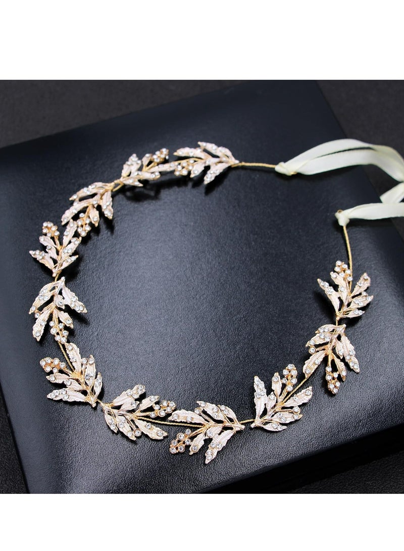أوزيغالور طوق رأس زفاف بأوراق ذهبية، طوق شعر زفاف بأحجار الراين للعرائس والزهور - Image 4