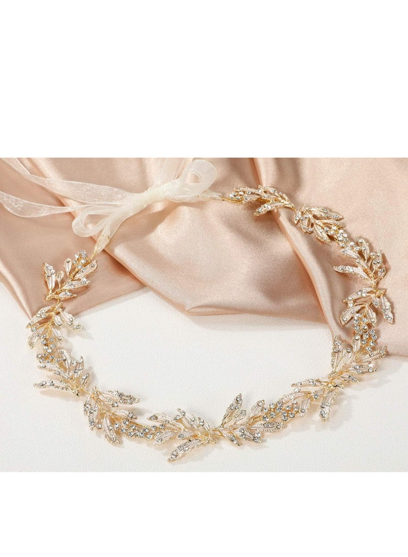 أوزيغالور طوق رأس زفاف بأوراق ذهبية، طوق شعر زفاف بأحجار الراين للعرائس والزهور - Image 5