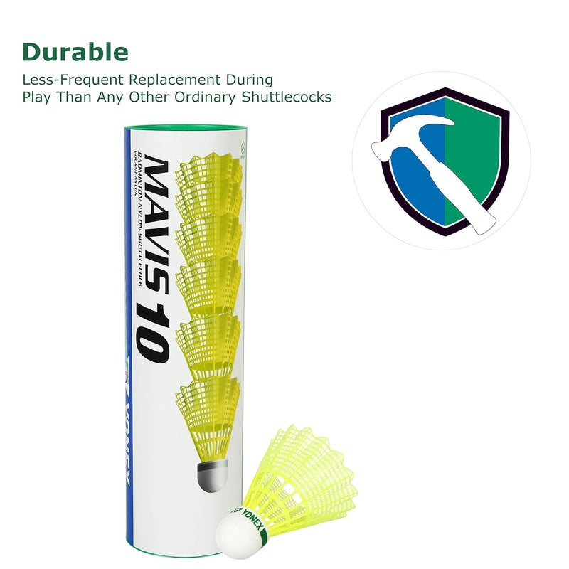 Yonex مافيس 10 ريشة بادل نايلون - عبوة من 6 ريشات بادل، غطاء أخضر (أصفر) - Image 2