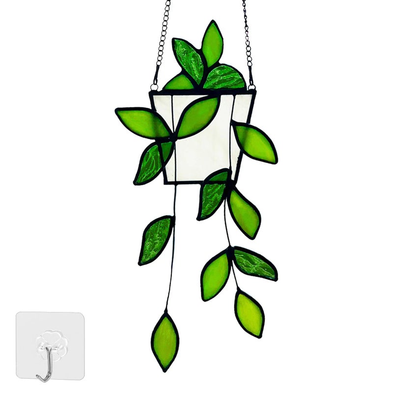 Royxen Stained Glass Window Hanging Green Plants Artificial Deocr Faux Plant Suncatchers Gift for Plant Lover