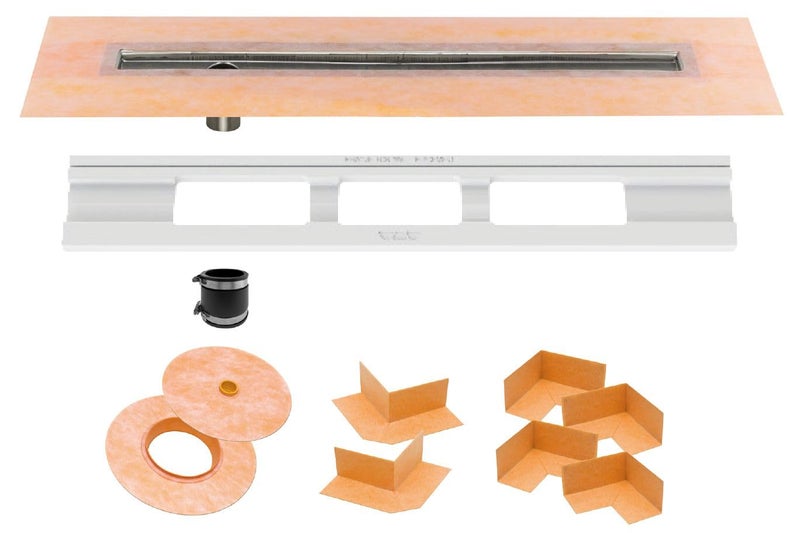 Schluter Kerdi Line Shower Drain with 36 Stainless Steel Channel Body and Waterproof Kerdi Collar  Ideal for Showers and Wet Rooms  OffSet Outlet Position 35716 Grate Length  KL1VO60E90