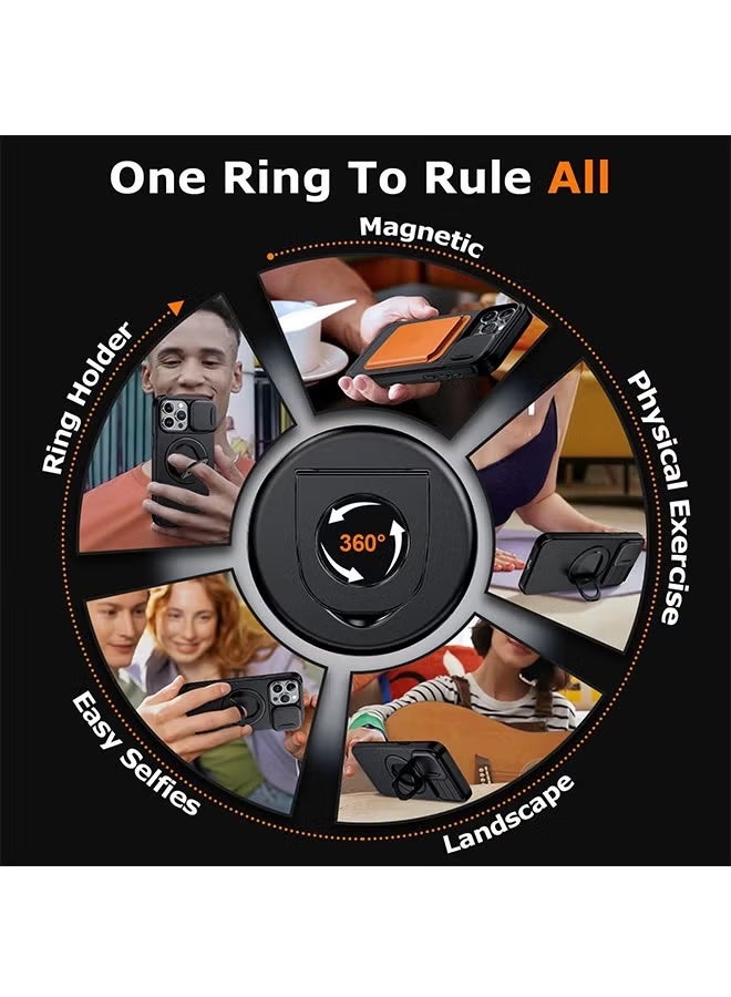 إكس ليفيل غطاء حماية لهاتف آيفون 16 برو ماكس مزود بحلقة مغناطيسية دوارة 360 درجة، وعدسة كاميرا منزلقة، ومسند، وغطاء متين مقاوم للصدمات لهاتف آيفون 16 برو ماكس، أسود - Image 2
