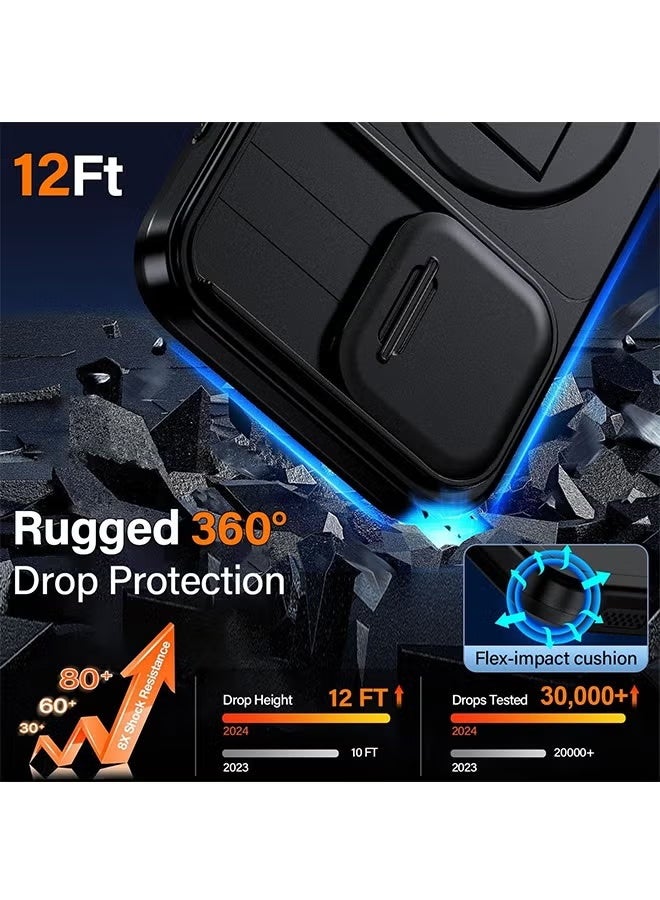 إكس ليفيل غطاء حماية لهاتف آيفون 16 برو ماكس مزود بحلقة مغناطيسية دوارة 360 درجة، وعدسة كاميرا منزلقة، ومسند، وغطاء متين مقاوم للصدمات لهاتف آيفون 16 برو ماكس، أسود - Image 4