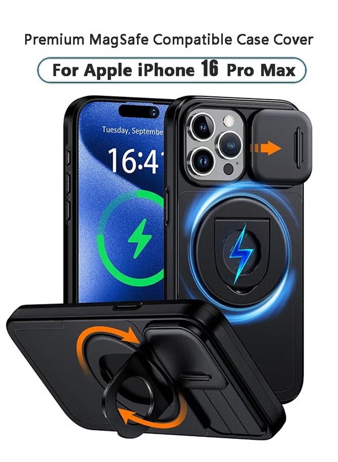 إكس ليفيل غطاء حماية لهاتف آيفون 16 برو ماكس مزود بحلقة مغناطيسية دوارة 360 درجة، وعدسة كاميرا منزلقة، ومسند، وغطاء متين مقاوم للصدمات لهاتف آيفون 16 برو ماكس، أسود - Image 1