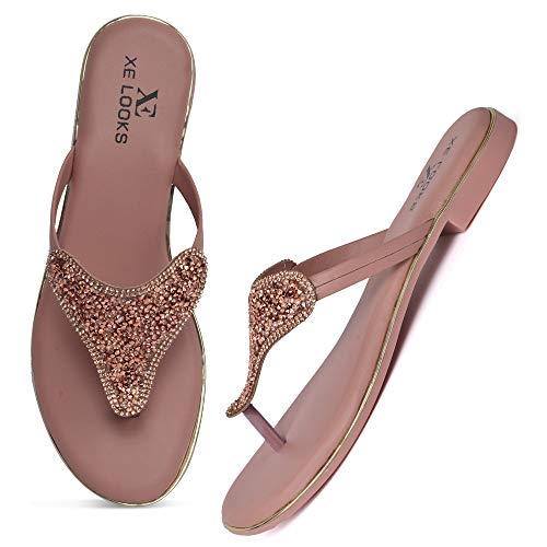 XE Looks Women's Pink Embellished Flat Slipper | Elegant Beaded Design with Cushioned | Premium Comfort & Quality Flat Slipper For Girls & Women - Image 1