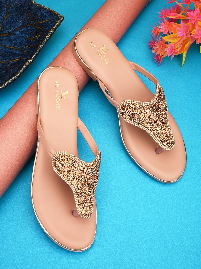 XE Looks Women's Pink Embellished Flat Slipper | Elegant Beaded Design with Cushioned | Premium Comfort & Quality Flat Slipper For Girls & Women - Image 2
