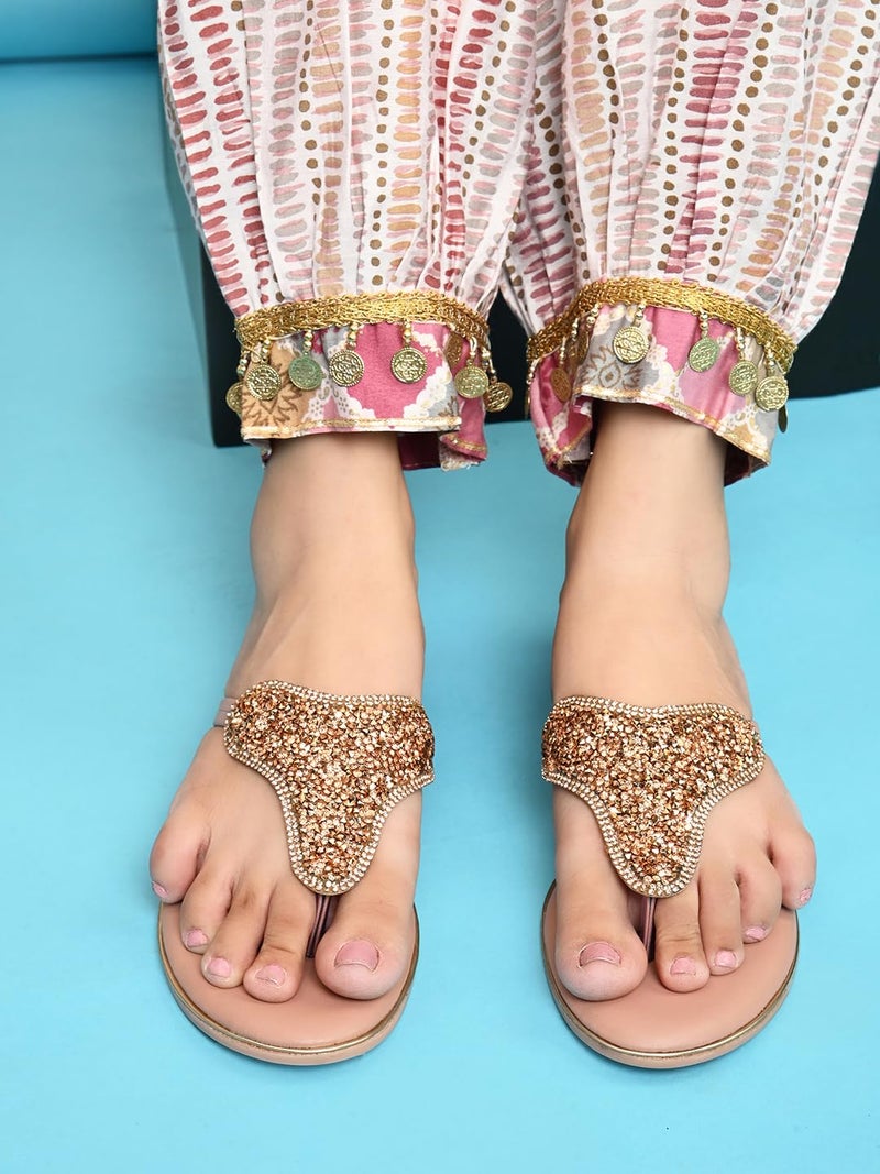 XE Looks Women's Pink Embellished Flat Slipper | Elegant Beaded Design with Cushioned | Premium Comfort & Quality Flat Slipper For Girls & Women - Image 4