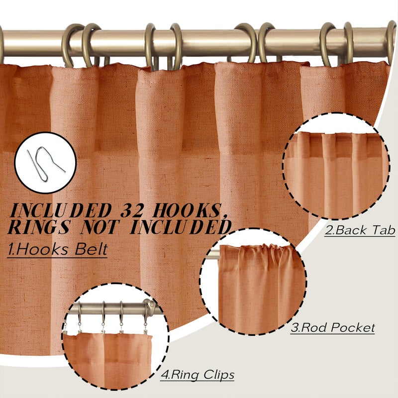 PANELSBURG Rust Curtains 96 Inches Long for Bedroom Terracotta Boho Rustic Farmhouse Semi Sheer Linen Fall Curtains for Living Room 2 Panels Set - Image 2