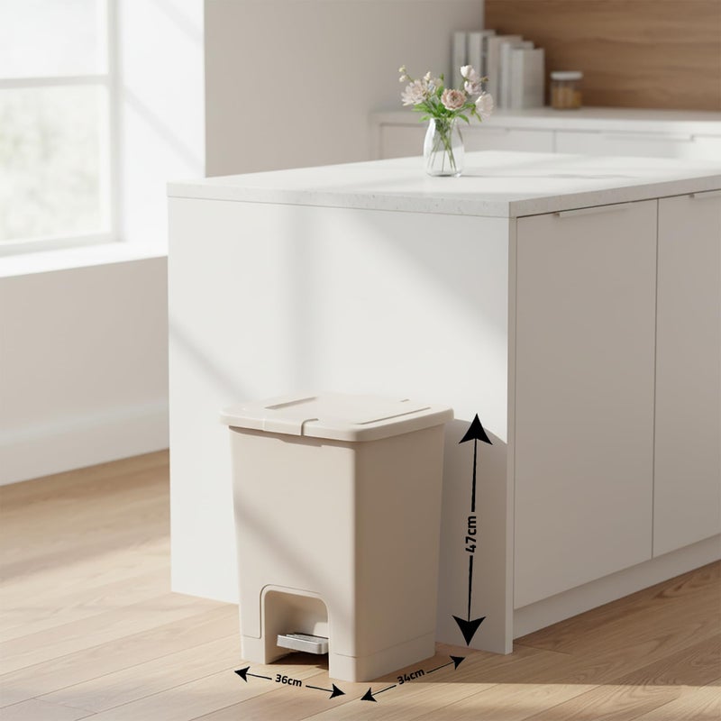 Trash Bin with Pedal, 40Litre, Modern Square design, Plastic - Beige - Image 4