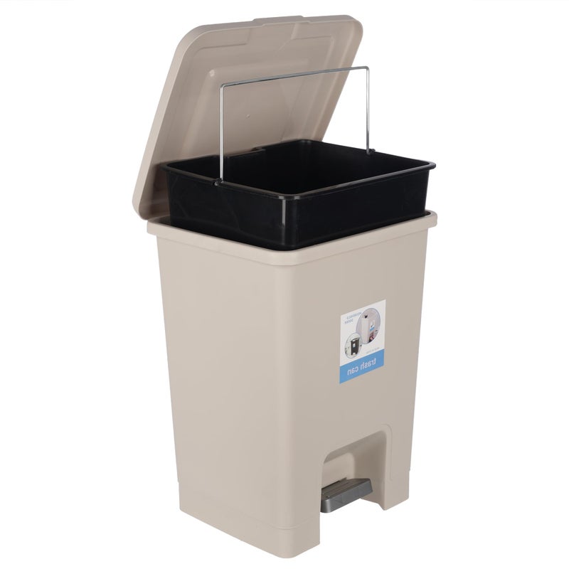 Trash Bin with Pedal, 40Litre, Modern Square design, Plastic - Beige - Image 3