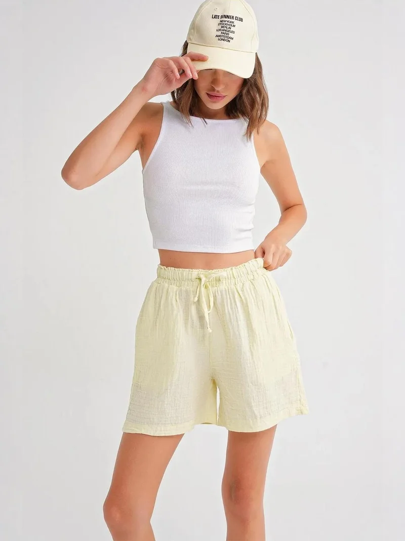 Mixray Amber Yellow Mixray High-Waist Textured Wide-Leg Shorts for Women | Best Price UAE