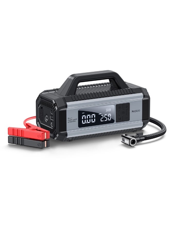 يسيدو جهاز تشغيل السيارة YESIDO VC13 5 في 1، منفاخ إطارات 150PSI، باور بانك 10000mAh، ضاغط هواء محمول، مع إضاءة طوارئ - أسود - Image 1