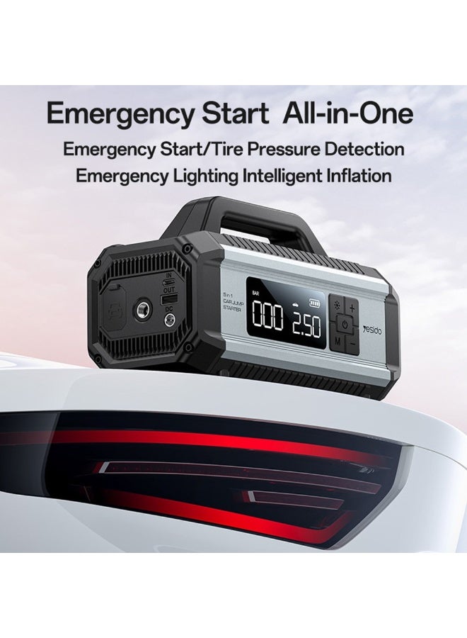 يسيدو جهاز تشغيل السيارة YESIDO VC13 5 في 1، منفاخ إطارات 150PSI، باور بانك 10000mAh، ضاغط هواء محمول، مع إضاءة طوارئ - أسود - Image 2