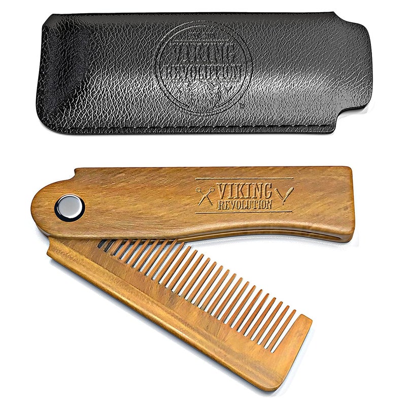 Viking Revolution Folding Beard Comb w/Carrying Pouch for Men - All Natural Wooden Beard Comb w/Gift Box - Green Sandalwood Comb for Grooming & Combing Hair, Beards and Mustaches by Viking Revolution - Image 1