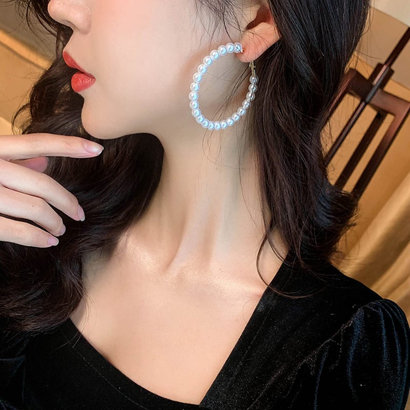 YOUFENG Pearl Hoop Earrings for Women Fashion Dangle Hypoallergenic Earrings Drop Dangle Earrings Gifts for Women 50mm Hoop - Image 2