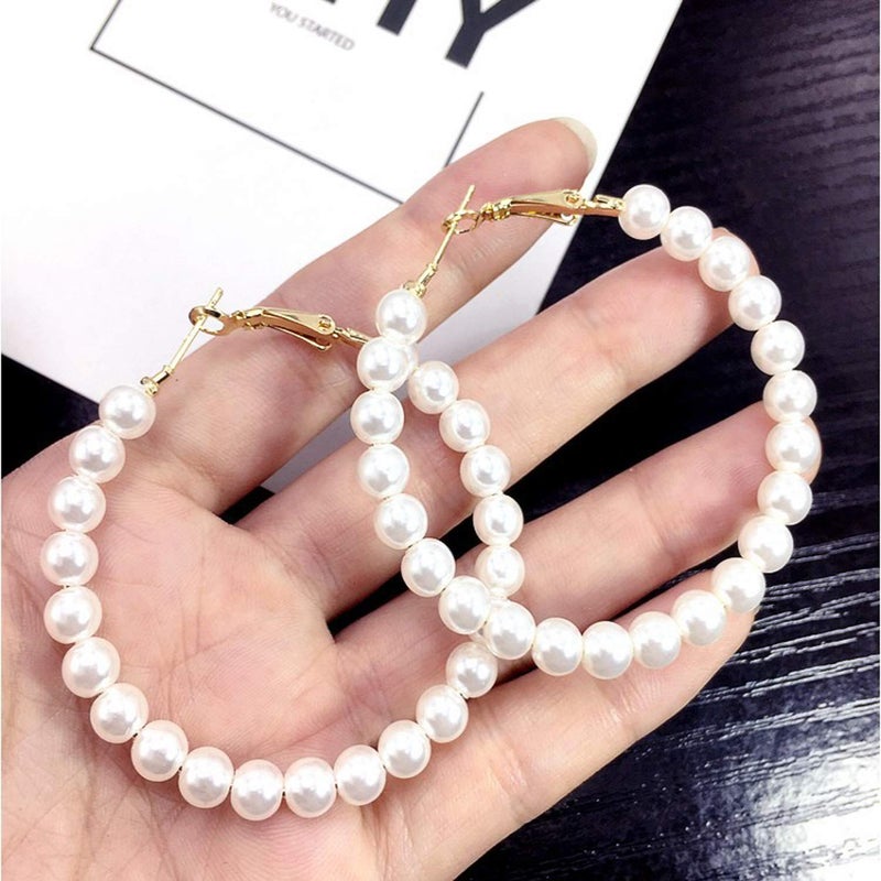 YOUFENG Pearl Hoop Earrings for Women Fashion Dangle Hypoallergenic Earrings Drop Dangle Earrings Gifts for Women 50mm Hoop - Image 3